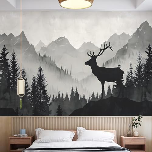 63x89.8inch Large Abstract Mountain Landscape with Deer Wall Art Print, Black Grey Forest Mountain Wallpaper Removable Wall Contact Paper Mural for Nusery Living Room Background