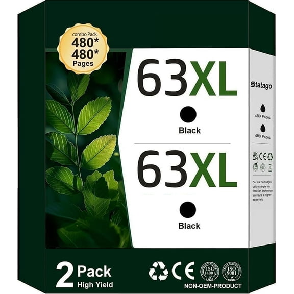 63XL Ink Compatible for HP 63 Black Ink Cartridge for Officejet 3830 4650 4652 Envy 4520 4512 4650 5255 5200 4655 Printer (2-Black)