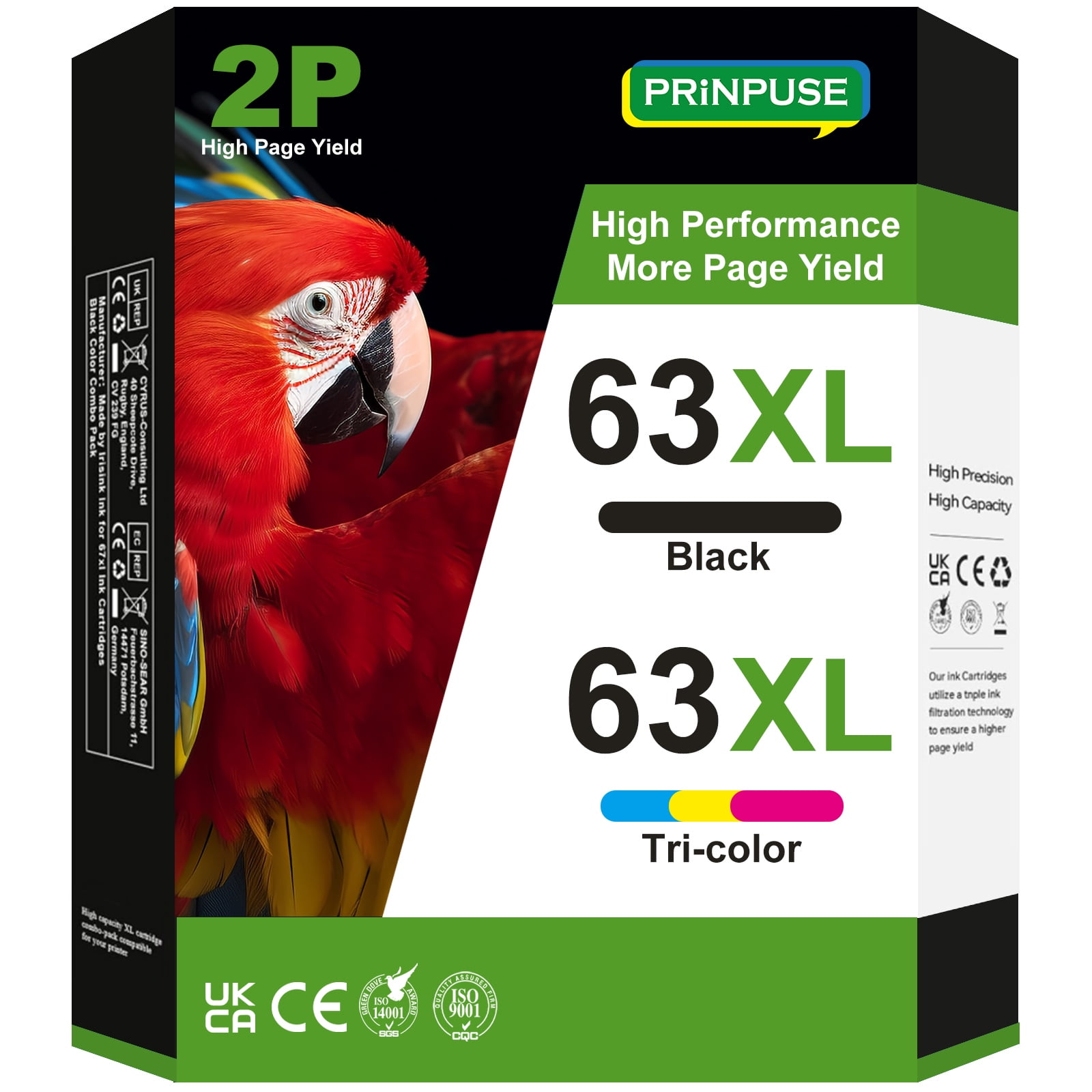 Cartucce Stampante Set 2 Cartucce 63XL Per HP OfficeJet E Envy - Ricarica Rigenerata, Alta Resa Cartucce HP 63 XL Nero E Colore