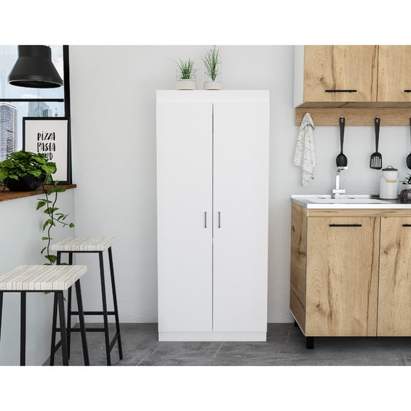 64.02" Tall Pantry Cabinet In White, Double Door With Five Shelves For Kitchen White Cabinet, Door, High