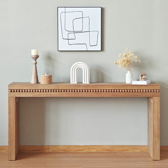 64.17" Entryway Table, Convenience Natural Wood Console Table with Real Wood Beads Decoration,  Tall Console Table for Hallway, Living Room, Office