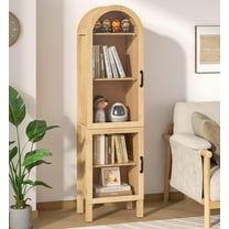 64.17 in Tall Arched Display Cabinet with Acrylic Glass Doors 5-Tier Kitchen Pantry Storage Cabinets Modern Wood Curio Cabinet Bookcase for Living Dining Room (Wood Color)
