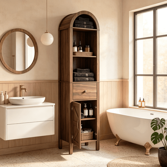 64.2" Tall Bathroom Storage Cabinet, Arched Narrow Storage Cabinet with 1 Barn Door, 1 Drawer and Adjustable Shelves, Floor Cabinet for Bathroom, Living Room, Entryway, Kitchen, Brown