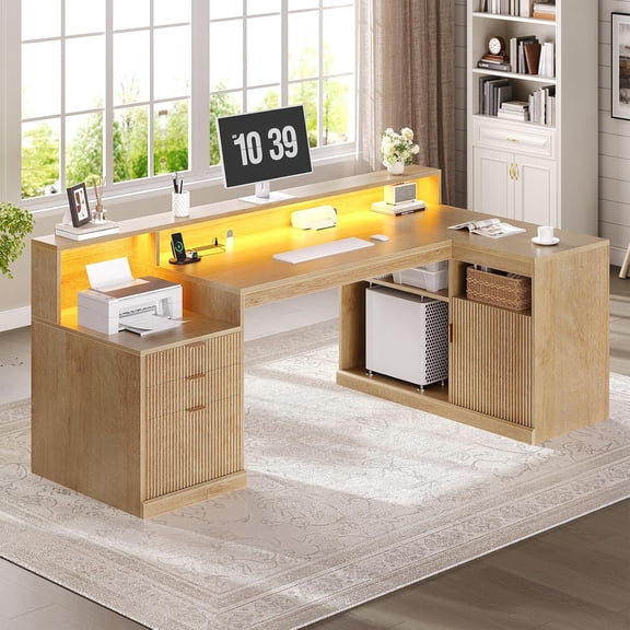 64.4" Modern L Shaped Desk with Drawers, Fluted Home Office Desk with LED Lights and Power Outlets, Wood Executive Desk with File Cabinet Monitor Stand, Oak
