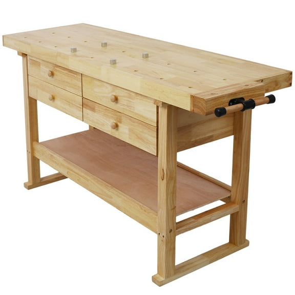 64.5" 20" Wood Workbench with Four Drawers, Bottom Shelf, Adjustable Handle, Rubber Wood