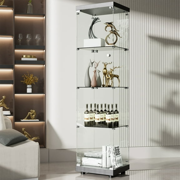 64.5" 4-Shelf Case Glass Curio Cabinet Black, Corner Display Cabinet with Glass Door, 4Unites, Floor Standing Collection Display Case for Living Room Bedroom Home Office