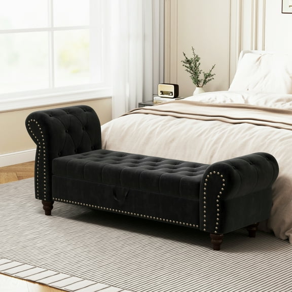 64.5" Bed Bench for Bed Room Nails Tufted Chaise of Lounge with Storage Velvet Upholstery Khaki