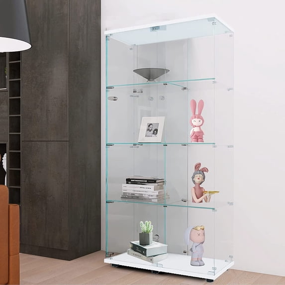mayceyee Modern 4-Tier Display Cabinet with Glass Doors and Lock, Curio Storage Cabinet 5mm Tempered Glass Floor Standing Collection Bookshelf for Living Room, Bedroom, Office, White