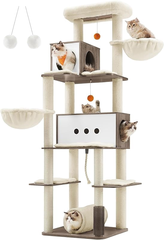 64.5-Inch Tall Modern Cat Tower for Large Indoor Cats, Multi-Level Cat ... - Extra Tall Cat Tower With Laundry Basket