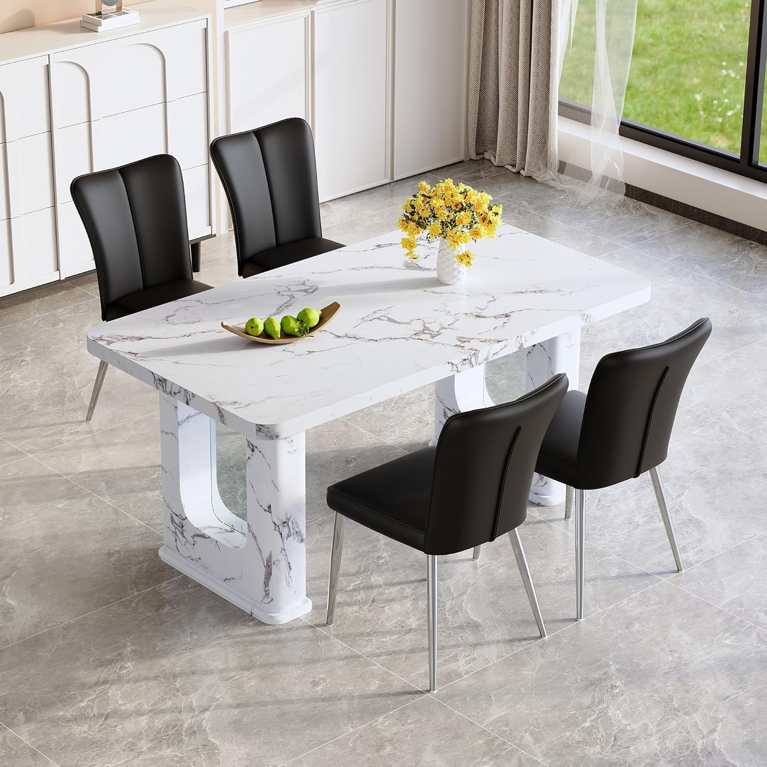 64.5 Inch White Dining Table Set for 4, Modern Dining Room Table Set with Faux Marble Kitchen ...