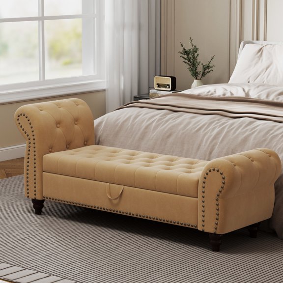 64.5" Khaki Velvet - Tufted with Antique Copper Nails - Bedroom or Reclining - Stores Clothes and Pillows