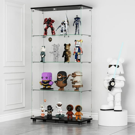 mayceyee 4-Shelf Display Cabinet with Double Glass Doors, Curio Glass Cabinet 5mm Tempered Glass Floor Standing Storage Bookshelf for Living Room, Bedroom, Office, Black