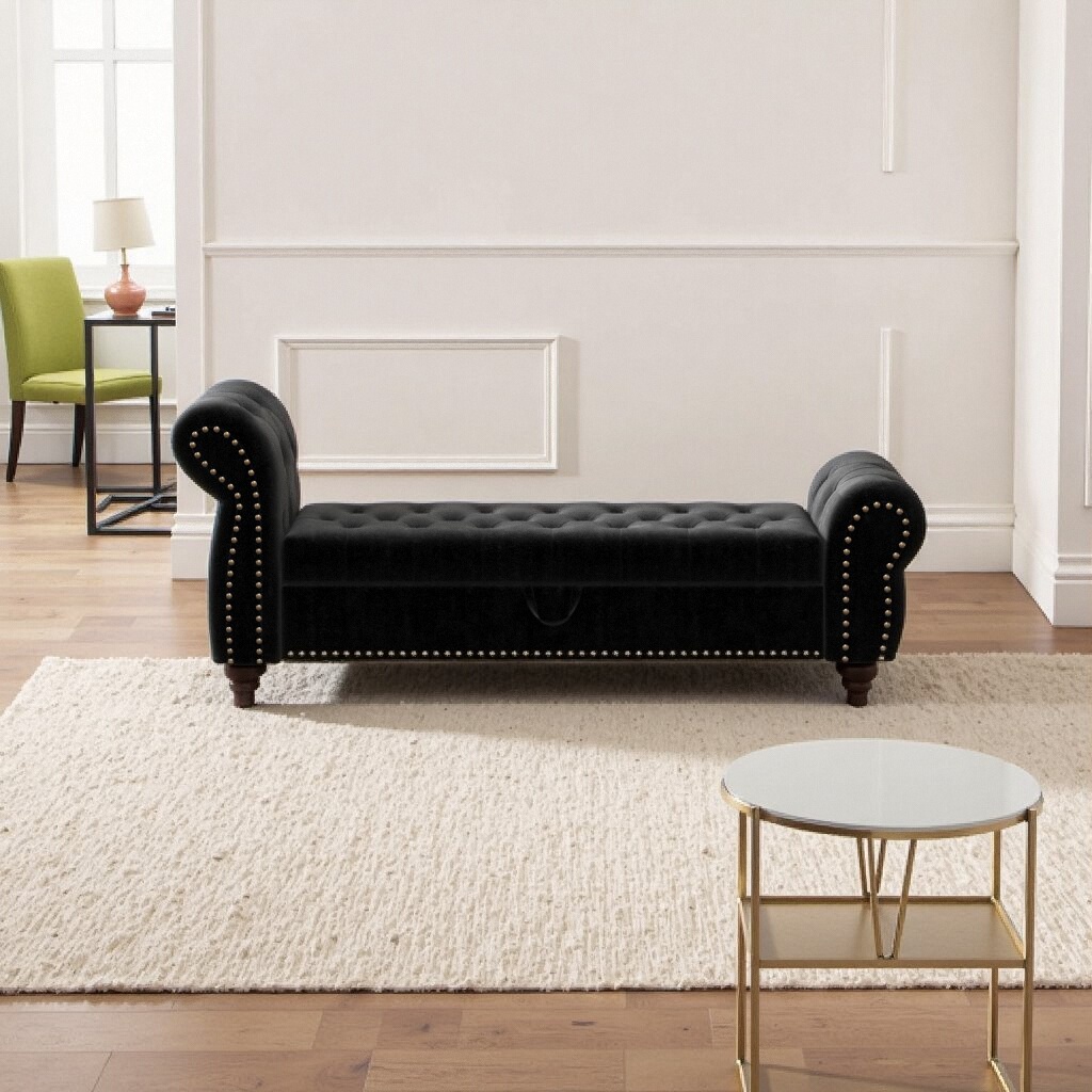 64.5" Tufted Black Velvet Storage Bench with Nail Trim - Bedroom Chaise ...