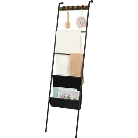 64.5 in. Blanket Ladder Holder Farmhouse Decorative Ladder with 5 Hooks and Storage Pocket (LT-BFE189)