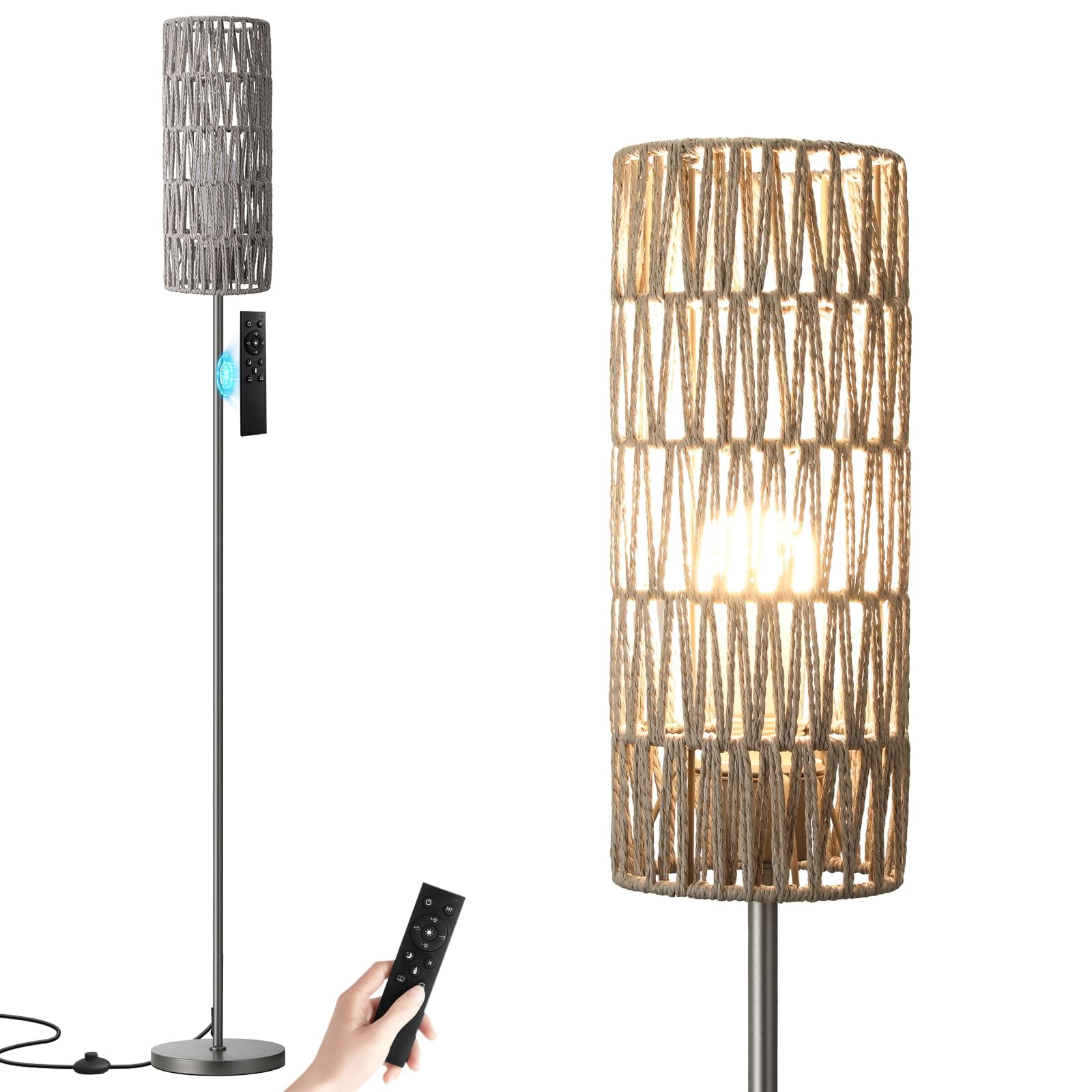 64.57 Inches Grey & Grey Rattan Floor Lamp For Living Room Boho Standing Lighting