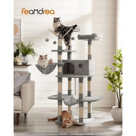 64.6" Cat Tree Large Cat Tower Cat Activity Center with Hammock Cat Condo Light Gray