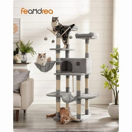 FEANDREA Cat Tree, Large Cat Tower, 64.6 Inches, Cat Activity Center with Hammock, Basket, Removable Fur Ball Sticks, Cat Condo, Light Gray