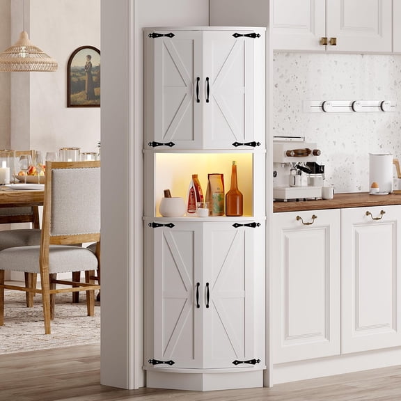 64.6" Farmhouse Corner Cabinet with LED Light, Tall Bathroom Cabinet with 4 Barn Doors and 5 Tier Shelves, Freestanding Corner Bar Cabinet with USB Ports & Outlets for Living Room, Kitchen, Bar