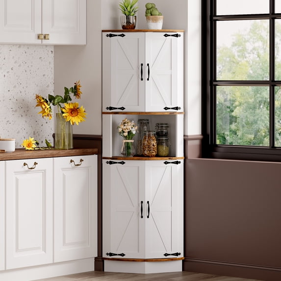 64.6" Farmhouse Corner Cabinet with LED Lighting & 7-Color Lights – 5-Tier Shelves, USB Ports & Outlets, Corner Cabinet, for Living Room, Kitchen & Bathroom