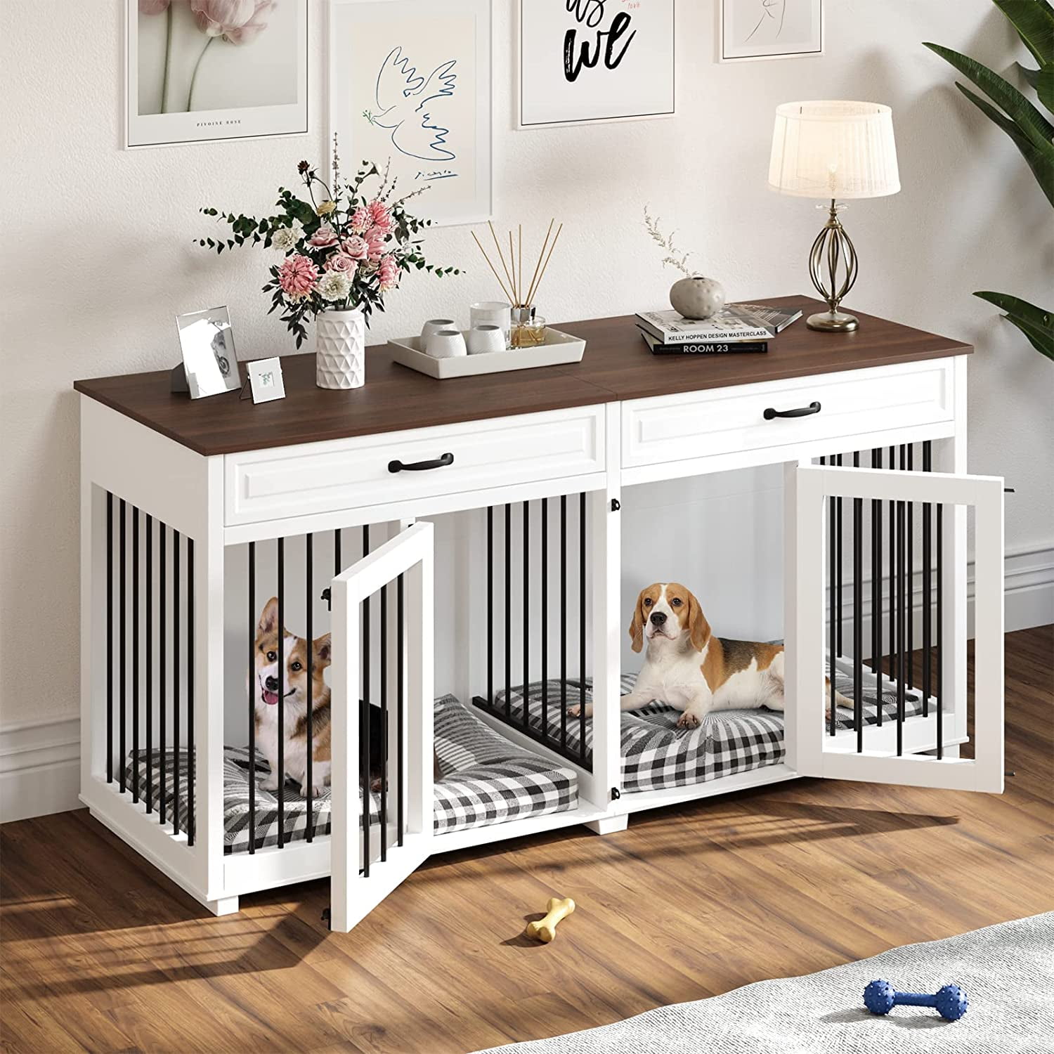 Large White and Black Wooden Double Dog Crate Furniture with Drawers