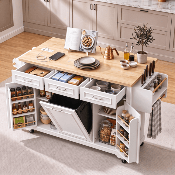 64.6" Large Kitchen Island with Trash Can Storage, Rolling Kitchen Cart with Drop Leaf & Power Outlet, 2 Doors & 3 Drawers, for Kitchen, White