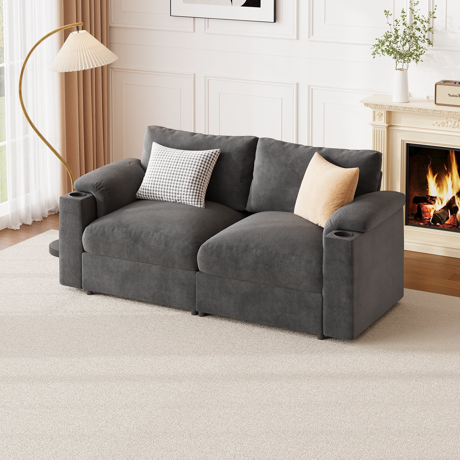 Modular Sectional Sofa Couch for Living Room, Oversized U-Shaped Cloud Couch with Deep Seats, Velvet Convertible Sleeper Sofa with Chaise, Cup Holders & Padded Armrests, 2-Seater
