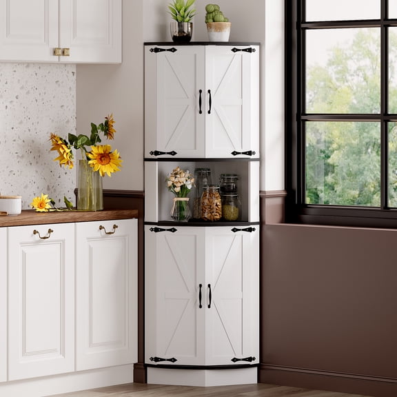 64.6" Tall Farmhouse Corner Cabinet with 4 Doors and 5 Storage Shelves, Farmhouse Storage Cabinet with Barn Door Design, Home Space Saver for Living Room, Kitchen, Laundry Room, Black