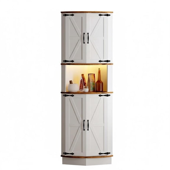 64.6" Tall Farmhouse Corner Storage Cabinet with Barn Doors, Freestanding Triangle Display Cabinet with Adjustable Shelves for Home, Brown
