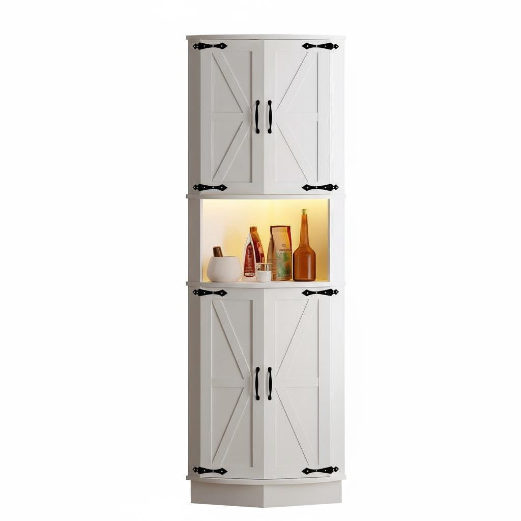 64.6" Tall Farmhouse Corner Storage Cabinet with Barn Doors, Freestanding Triangle Display Cabinet with Adjustable Shelves for Home, White