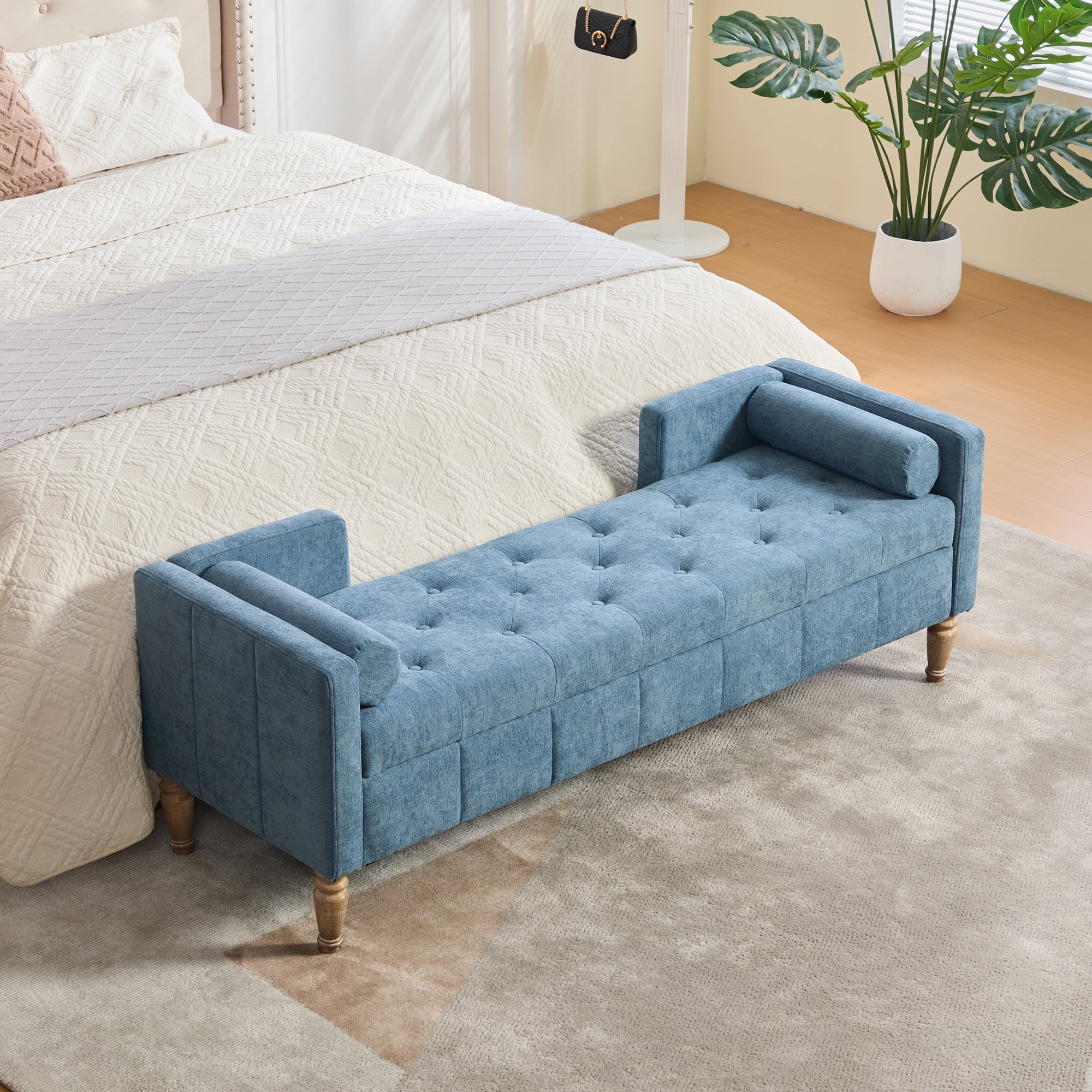 64.6"W Upholstered Chenille Flip-top Storage End of Bed Bench, Tufted Accent Footrest with Armrests&Backrest&2 Bolsters Whitewashed Rubberwood Legs for Living Room, Hallway, Entryway Bedroom