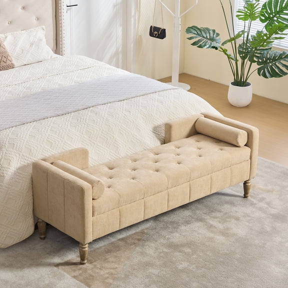 64.6"W Upholstered Chenille Flip-top Storage End of Bed Bench, Tufted Accent Footrest with Armrests&Backrest&2 Bolsters Whitewashed Rubberwood Legs for Living Room, Hallway, Entryway Bedroom