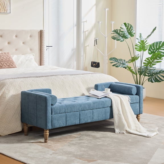 64.6"W Upholstered Chenille Flip-top Storage End of Bed Bench, Tufted Accent Footrest with Armrests&Backrest&2 Bolsters Whitewashed Rubberwood Legs for Living Room, Hallway, Entryway Bedroom, Blue