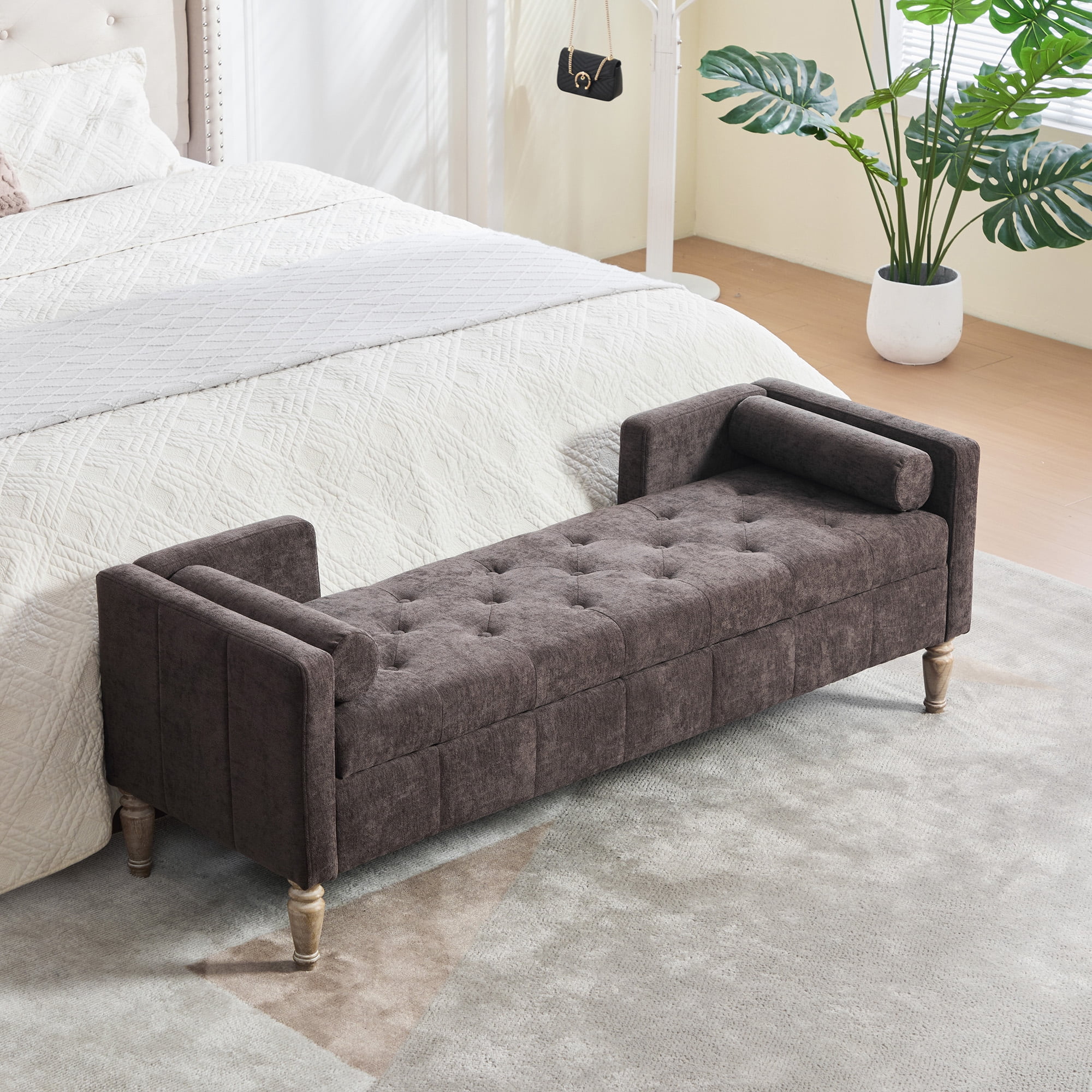64.6"W Upholstered Chenille Flip-top Storage End of Bed Bench, Tufted Accent Footrest with Armrests&Backrest&2 Bolsters Whitewashed Rubberwood Legs for Living Room, Hallway, Entryway Bedroom
