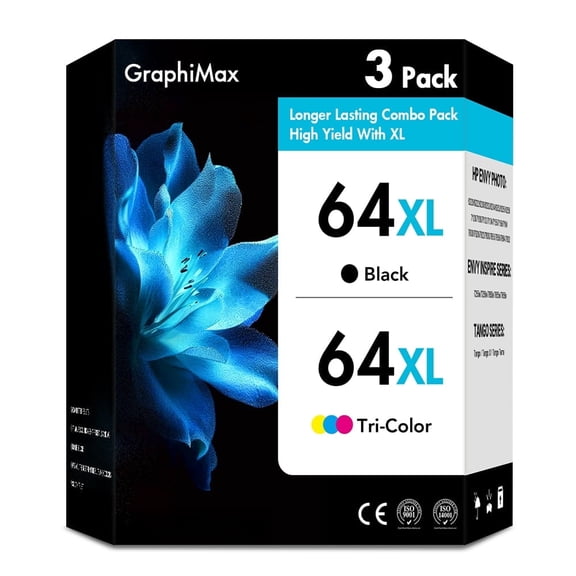 64 64XL Ink Cartridges Compatible for 64XL 64 HP64 3 Pack for Envy Photo 7855 7858 7155 7120 7800 6255 6252 7158 7164 (2 x Black,Tri-color)