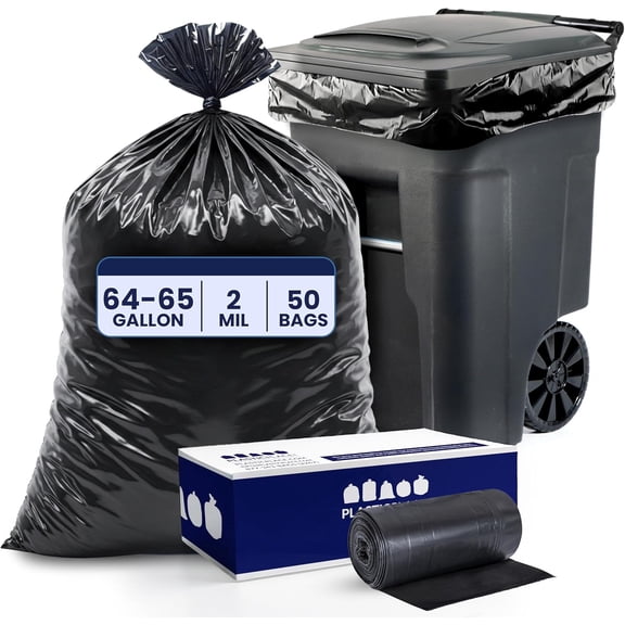 64-65 Gallon Trash Can Liners 2.0 Mil Black Heavy Duty Garbage Bags 50 x 60 Inches 50 Count Bestseling