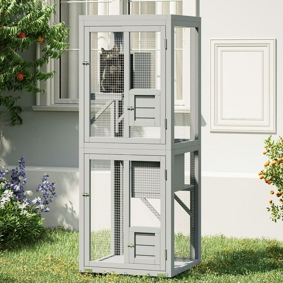 64.7 Inch Catio Outdoor Cat Enclosure, Large Cat House for Outdoor Cats with Enhanced Security Structure, Outside Cat Patio Cattery Weatherproof for Multiple Indoor Outdoor Cats, Grey