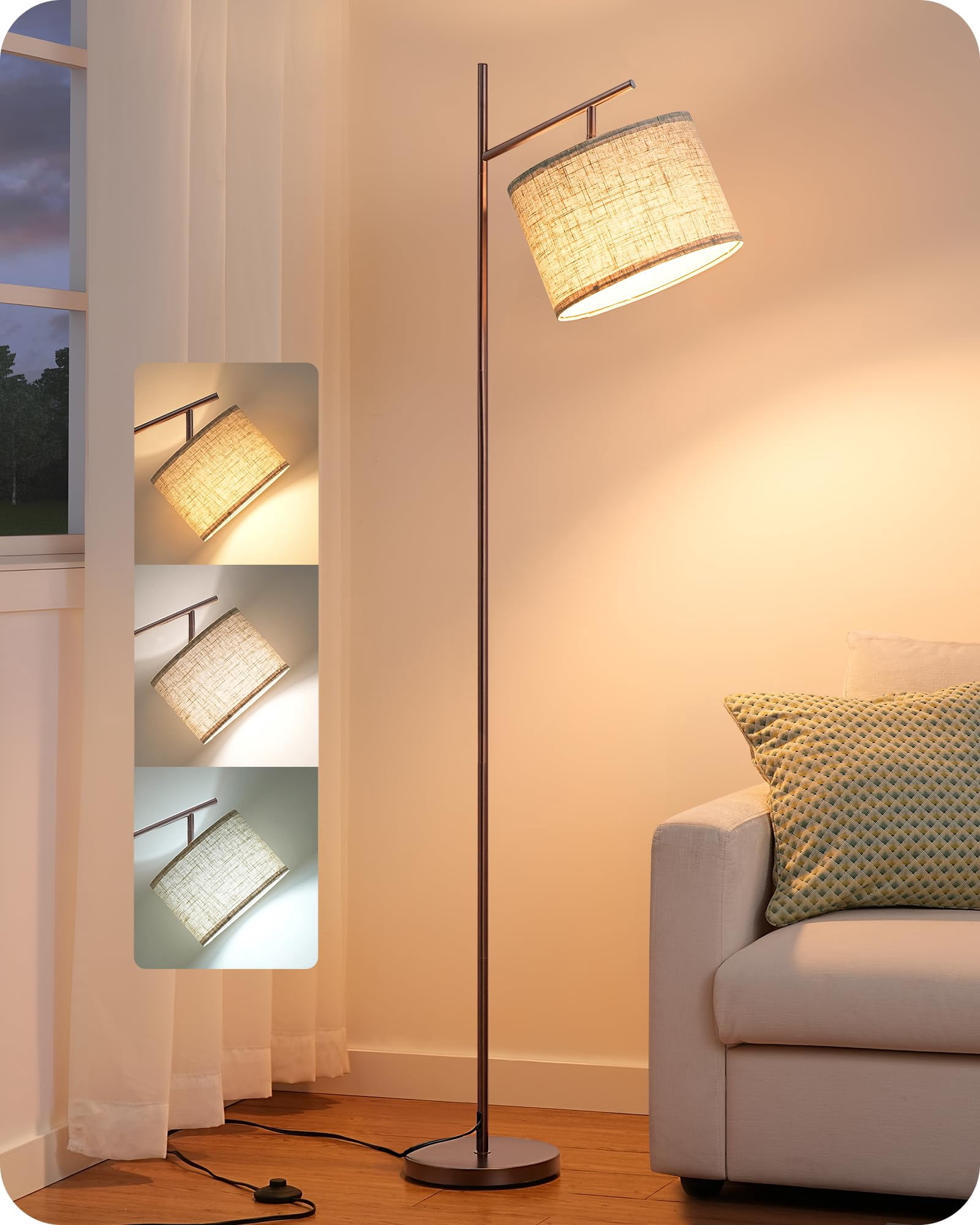 64.7" Modern Minimalist Brown Floor Lamp with Adjustable Linen Shade for Living Room Bedroom Office