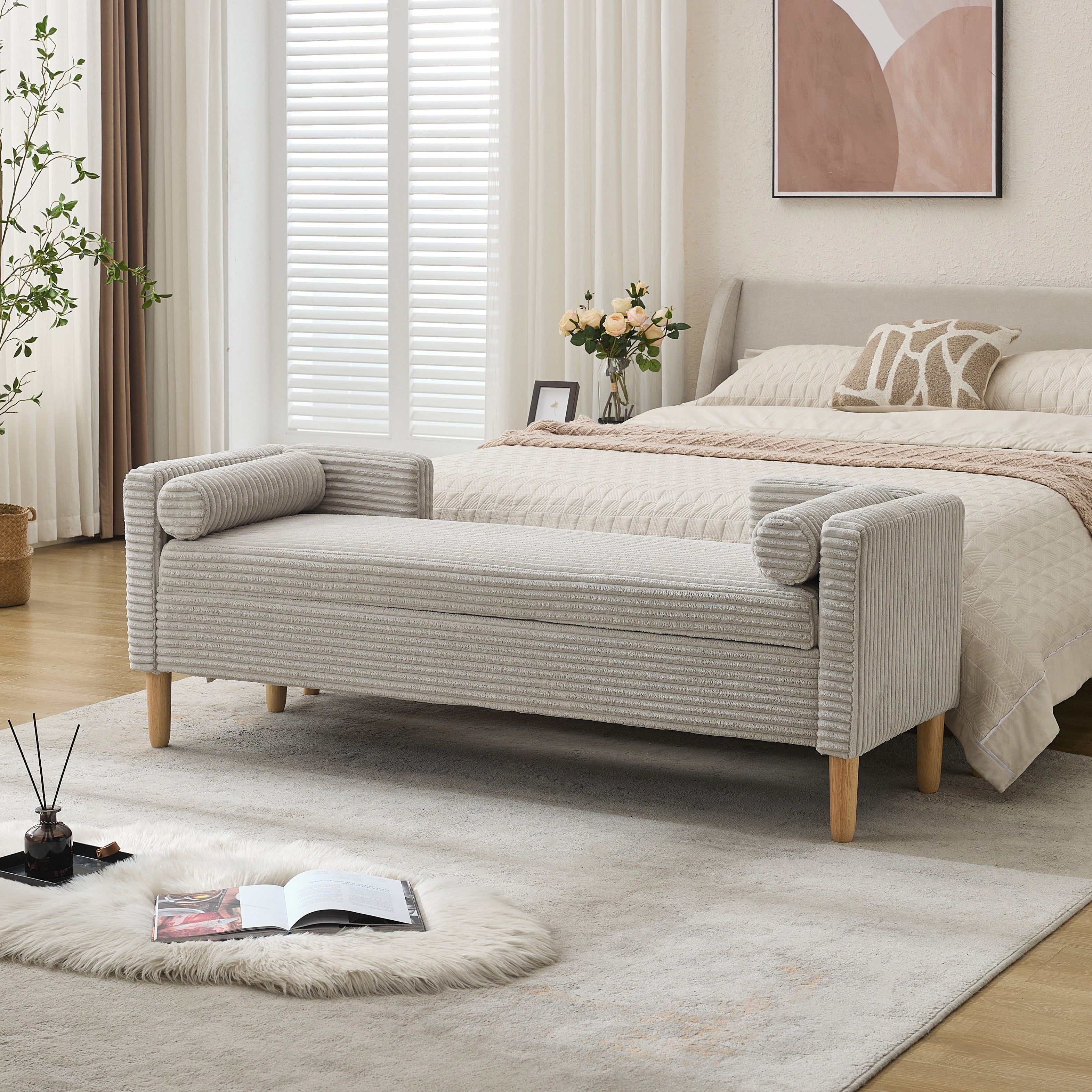 64.7"W Upholstered Corduroy Flip-top Storage End of Bed Bench, Accent Window Footrest with Armrests&Backrest&2 Bolsters Rubberwood Legs for Living Room, Hallway, Entryway Bedroom