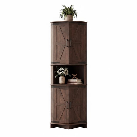 64.8" Brown Tall Farmhouse Corner Storage Cabinet, Freestanding Triangle Pantry with Adjustable Shelves for Bathroom, Kitchen & Living Room