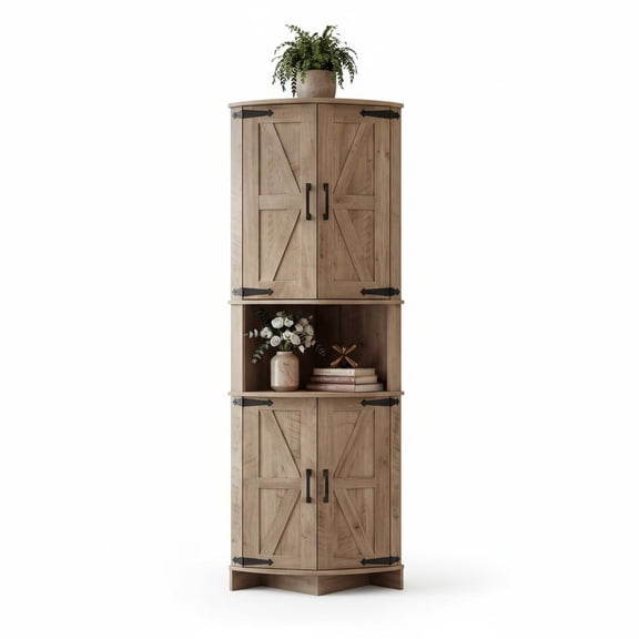 64.8" Gray Tall Farmhouse Corner Storage Cabinet, Freestanding Triangle Pantry with Adjustable Shelves for Bathroom, Kitchen & Living Room
