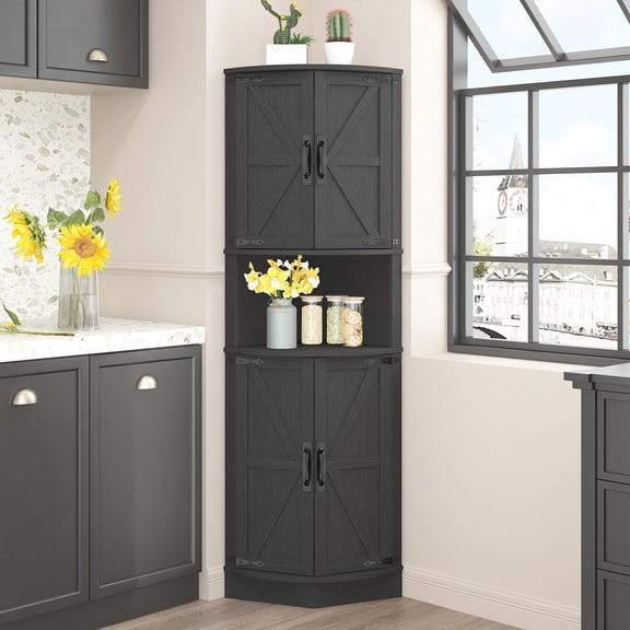 64.8 Inch Tall Farmhouse Corner Cabinet with 4 Doors 5 Shelves Barn Door Design Grey Corner Storage Cabinet Space Saver for Living Room Kitchen Laundry Room Bathroom