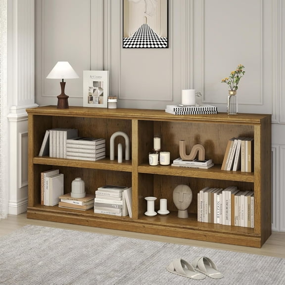 64.8-Inch Wide Vintage Oak Double Wide Open Shelf Bookcase with 2 Tiers and 4 Storage Cubes, Display Cabinet for Home Library