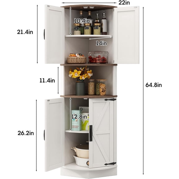 64.8" Tall Farmhouse Corner Cabinet with 4 Doors and 5 Storage Shelves, White