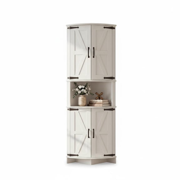 64.8" White Tall Farmhouse Corner Storage Cabinet, Freestanding Triangle Pantry with Adjustable Shelves for Bathroom, Kitchen & Living Room