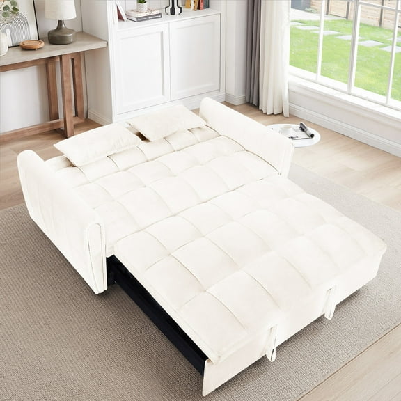 64.9"3-in-1 foldable large size sofa bed, modern velvet double sofa, sofa bed with adjustable back, storage bag and pillow, suitable for living room, bedroom (beige)