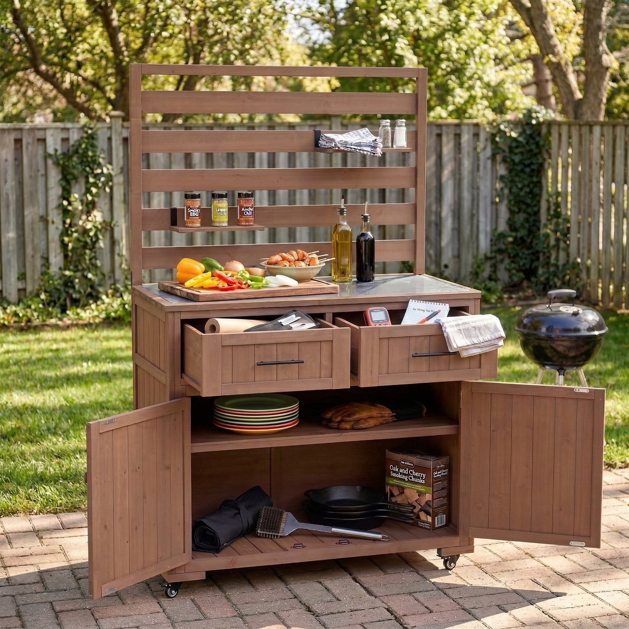64.9" H Outdoor Grill Cart with Stainless Steel Top – Solid Wood Patio Kitchen Cart, BBQ Prep Table, 3 Movable Shelves, 2 Drawers, Brown
