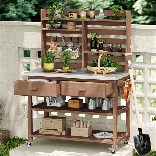 K&K 64.9'H Outdoor Potting Bench Table with Lockable Wheels, Solid Wood Outdoor Kitchen Island with Upper Hutch, Stainless Steel Top, Towel Rack ,Outdoor Storage for Grilling, Lawn Garden -Brown