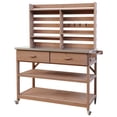 thumbnail image 1 of 64.9"H Outdoor Potting Bench Table with Lockable Wheels, Solid Wood Outdoor Kitchen Island with Upper Hutch, Stainless Steel Top, Towel Rack ,Outdoor Storage for Grilling, Lawn Garden -Brown, 1 of 6
