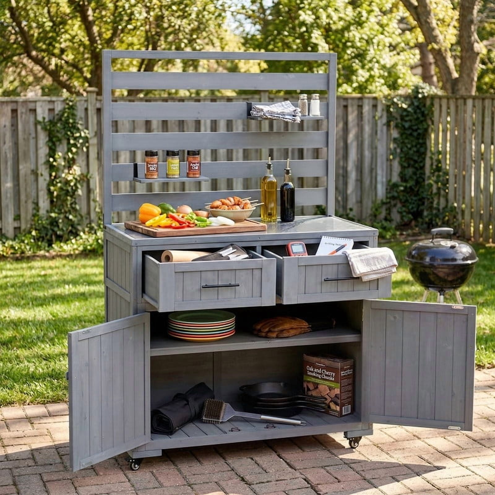 64.9''H Patio Rolling Kitchen Island Grill Table, Garden Potting Bench Cabinet with Stainless Table Top, Movable Shelves & Drawers