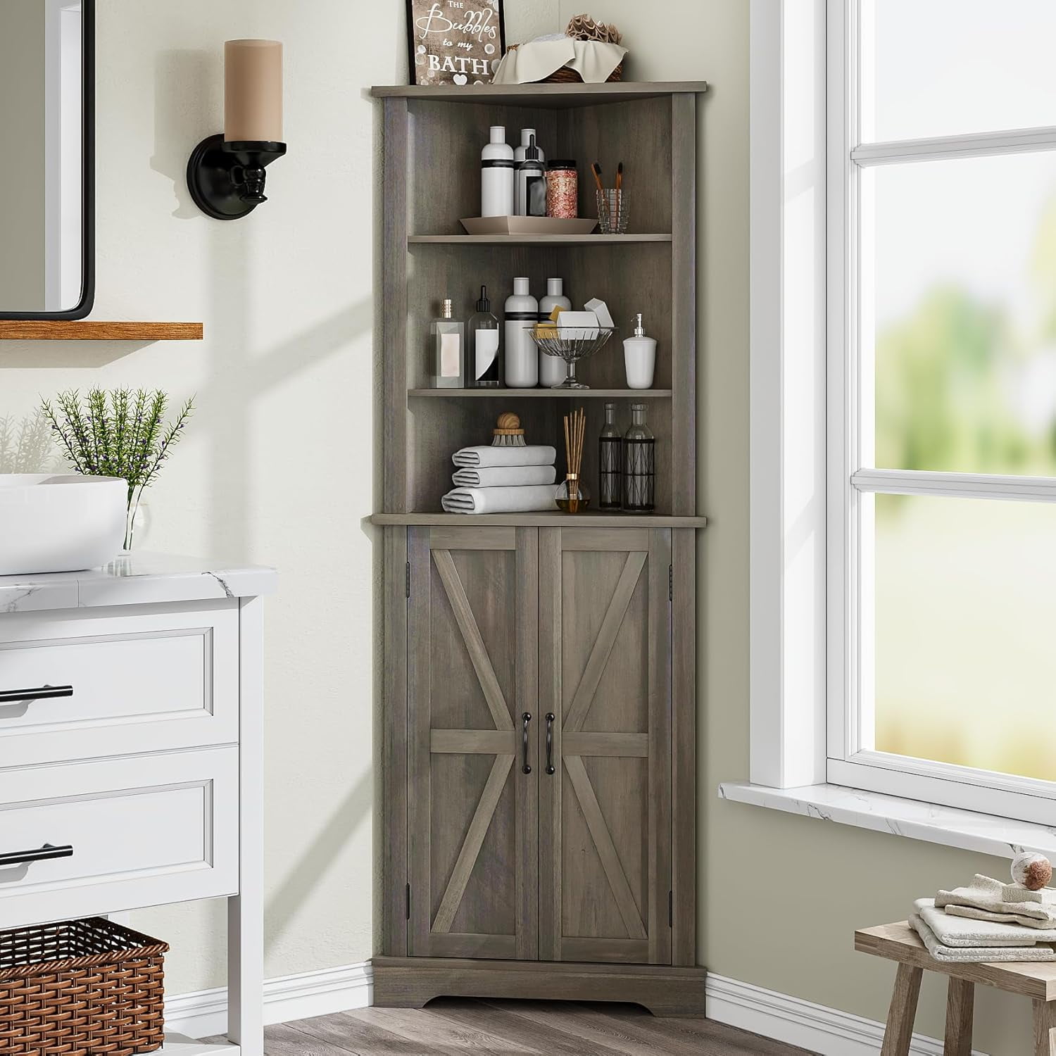 64.9" Tall Bathroom Corner Cabinet, Farmhouse Floor Corner Cabinet with ...